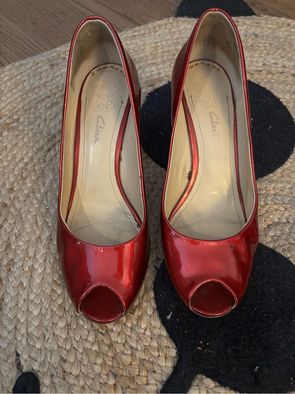 Clarks Red Patent Peep-Toe Heels
